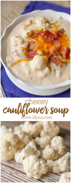 cauliflower soup with cheese and tomatoes in a white bowl