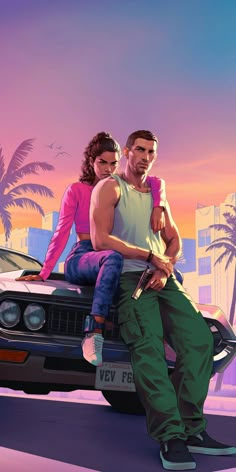 a man and woman sitting on the hood of a car in front of palm trees