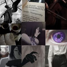 a collage of photos with an evil looking person holding a violin and some books