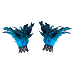 Pair Of Feathered Lace Cuff Bracelet Set Nwt / Blue Pair Rave Bracelets, Lace Cuff Bracelet, Rave Fits, Feather Bracelet, Bridal Gloves, Lace Cuffs, Feather Flower, Black Wedding, Bridal Shower Gifts