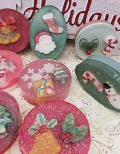 some christmas themed plates on a table