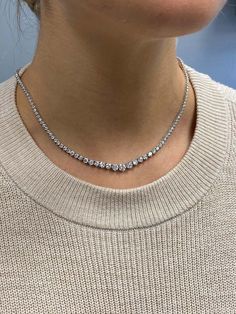 For Sale on 1stDibs - This exquisite graduated riviera necklace set in handmade 18k white gold featuring perfectly cut ideal round brilliant diamonds. the super white diamonds Necklaces Silver Diamond, Diamond Collar Necklace, Riviera Necklace, Necklace Outfit, Silver Diamond Necklace, Super White, Choker Necklaces, Jewelry Inspo, Brilliant Diamond