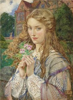 a painting of a girl holding flowers in her hands