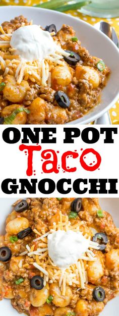 one pot taco gnocchini with cheese and olives in a white bowl