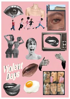 collage of various images including an egg, woman's face and other things