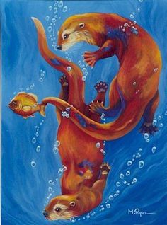 two otters are swimming in the water with bubbles on their backs and one is holding an orange fish