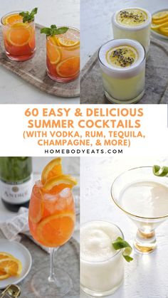 four different cocktails with orange and lemon garnish