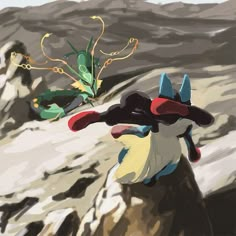 a painting of a bird wearing a hat on top of a mountain