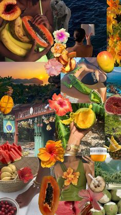 a collage of pictures with fruits, flowers and people in the background at sunset