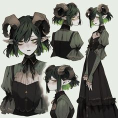 an anime character with green hair and horns on her head, dressed in black dress