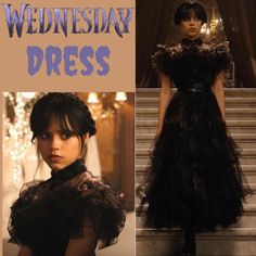 a woman wearing a black dress with ruffles on it and the words wednesday dress