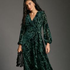 Viscose, Nylon; Polyester Lining Tie Closure Dry Clean Imported Dimensions Standard: Falls 48" From Shoulder Burnout Velvet Dress, Green Long Sleeve Dress, Burnout Velvet, Wrap Maxi Dress, Maxi Wrap Dress, Anthropologie Dress, Hutch, Anthropologie Dresses, New Dress