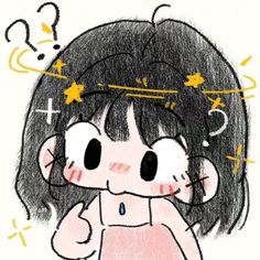 a drawing of a girl with question marks on her head and stars above her head