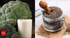 broccoli and a glass of milk are shown in this split screen image from left to right