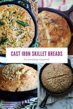 cast iron skillet breads are shown in this collage with the words cast iron skillet breads