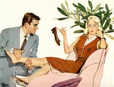 a man sitting next to a woman on top of a pink chair in front of a potted plant