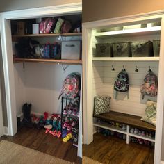 the inside of a room with shoes, bags and purses on shelves in it