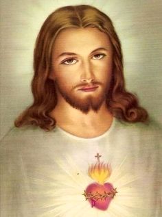 the face of jesus with long hair and a cross on his chest, in front of a white background