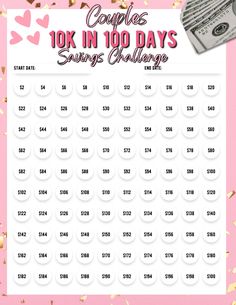 a pink background with gold confetti and the words 10k in 100 days savings challenge