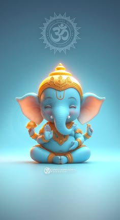 an elephant statue sitting in front of a blue background with the om shanti symbol above it