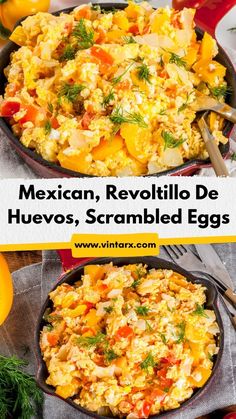 mexican, revolution de huevoos, scrambled eggs in a skillet on a table