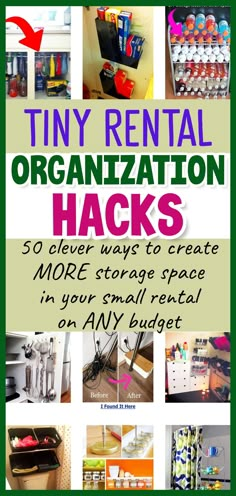 the cover of tiny rental organization hacks, with pictures of various items on it