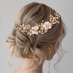 PRICES MAY VARY. Flower hair vines are made of flower,leaf, alloy and rhinestone,which is not easy to fade. Leaf hair piece in gold color, with a length of 23.5cm/9.25 IN,it will come with two fixed hairpins, you can adjust the wearing of the hair vines according to your needs. Gold peal vine headpiece take flowers as inspiration, matches with shiny rhinestone and pearl to create beautiful hair ornaments. Bridal hair pieces are suitable for wedding,engagement,party,festival, birthday,honeymoon, prom and other occasions. Wedding hair accessories can better modify the hair,it will be a lovely gift for bride,bridesmaid,flower girl,yourself or your lover.  About Bridal headpieces for wedding：  JONKY was founded in 1998,mainly engaged in the design，development and sales of rhinestone jewelry an Wire Leaf, Wedding Bride Hair, Gold Bridal Headband, Leaf Hair Piece, Wedding Flower Hair, Bridal Flower Headband, Bride Hair Piece, Wedding Headbands, Gold Hair Vine