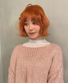 Short Ginger Hair Aesthetic, Short Fluffy Ginger Hair, Ginger Hair Micro Bangs, Orange Hair Mullet, Japanese Orange Hair, Short Ginger Hair, Long Hair Tutorial, Dark Red Hair, Hair Arrange