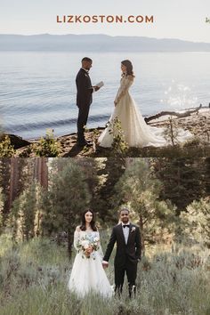 a couple standing next to each other in front of the ocean with their wedding photos