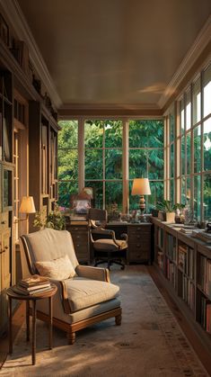 a living room filled with lots of books and furniture next to a window covered in sunlight