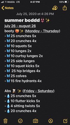 an iphone screen showing the daily schedule for summer bod d and other things to do