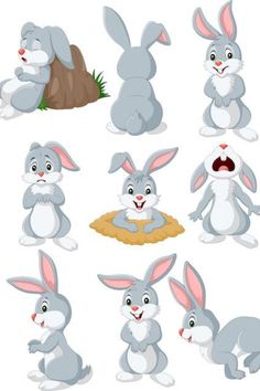 cartoon rabbits with various expressions on white background