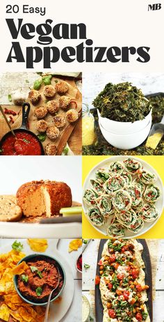 the cover of 20 easy vegan appetizers, with pictures of different foods