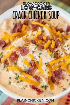 Slow Cooker Low-Carb Crack Chicken Soup - chicken soup loaded with cheddar, bacon, and ranch. Super easy to make - just dump everything in the slow cooker and let it do all the work. Chicken, cream cheese, chicken broth, bacon, ranch dressing mix, cheddar cheese. Can add spinach or broccoli to soup mixture. Delicious even if you aren't doing a keto/low-carb diet. #soup #slowcooker #crockpot #chicken #lowcarb #keto #glutenfree Easy Keto Crockpot Soup Recipes, Low Carb Fall Soups And Stews, Keto Friendly Work Lunches, Keri Chicken Dinner, Keto Dinner Chicken Recipes, Low Carb One Pot Meals Easy Dinners, Easy Quick Low Calorie Meals, Low Carb Picky Eater Recipes, Low Carb Hamburger Crockpot Recipes