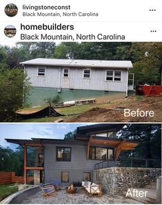 before and after photos of a house being built in north carolina, with the roof removed