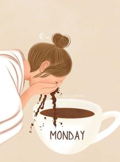 a painting of a woman drinking coffee from a mug with the words monday written on it