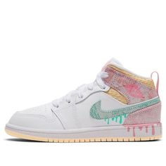 Introducing the Air Jordan 1 Mid SE PS 'Ice Cream.' This mid-top sneaker from Nike and the Jordan Brand is an eye-catching style. Fashioned in a classic design with a smooth white leather base, this pair is decorated with colorful accents that create an ice cream-like palette. The heel area features pops of green, yellow, and pink, while the collars, underlays, and panels are done in muted yellow featuring a honeycomb-type pattern. The ankle flaps feature crackled detailing to give it another dimension, as do the sidewall logos which extend to the midsole. Plus, there's vibrant pink Jumpman branding at the tongue and plush sockliners for added comfort. The outsoles feature soft yellow tones to finish off this daring look. Step out in confidence knowing that your style is unbeatable with th Muted Yellow, Retro Basketball Shoes, Air Jordan 1 Mid Se, Mid Top Sneakers, Soft Yellow, Yellow And Pink, Mid Top, Yellow Tones, Air Jordan 1 Mid