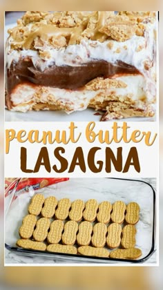 peanut butter lasagna dessert with chocolate and marshmallows in the middle