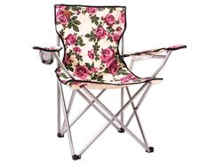 a folding chair with pink flowers on the back and seat is shown against a white background