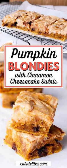 pumpkin blondies with cinnamon cheesecake swirls are stacked on top of each other