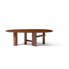 an oval table with two legs and a wooden top, on a white background the table is made out of wood