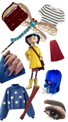 hair dye Coraline star sweater stockings brown eyes striped shirt cute red almost brown bag blue nails firefly hair pin Coraline Mice, Coraline Inspired Outfit, Coraline Outfit, Coraline Aesthetic, Eye Makeup Art, Coraline, Makeup Art, Grunge Outfits, Eye Makeup