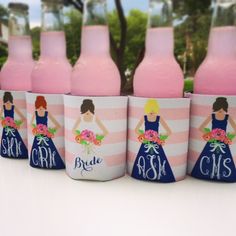 pink and blue bridesmaid wedding party favors with personalized beer bottle wrappers