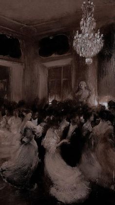 an artistic painting of people dancing in a room with chandelier hanging from the ceiling