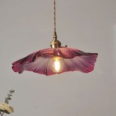 a pink flower hanging from a light fixture in a room with white walls and flooring