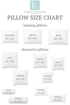 the pillow size chart for pillows is shown in different sizes and colors, including white