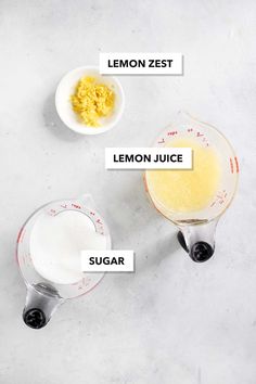 ingredients to make lemon juice in a blender on a white background with the words lemon zest, lemon juice, sugar and lemon zest