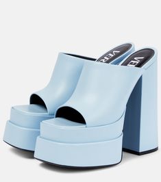 Leather platform mules in blue - Versace | Mytheresa Versace Heels, Versace Leather, Versace Women, 90s Girl, Versace Shoes, Funky Shoes