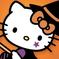 an image of a cartoon hello kitty holding a bat and wearing a witches hat with stars on it