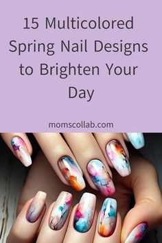 Watercolor Nail Designs, Daisy Acrylic Nails, Multicolored Nails, Dark Red Nails, Water Color Nails, Spring Nail Colors, Vibrant Nails, Spring Nail Art